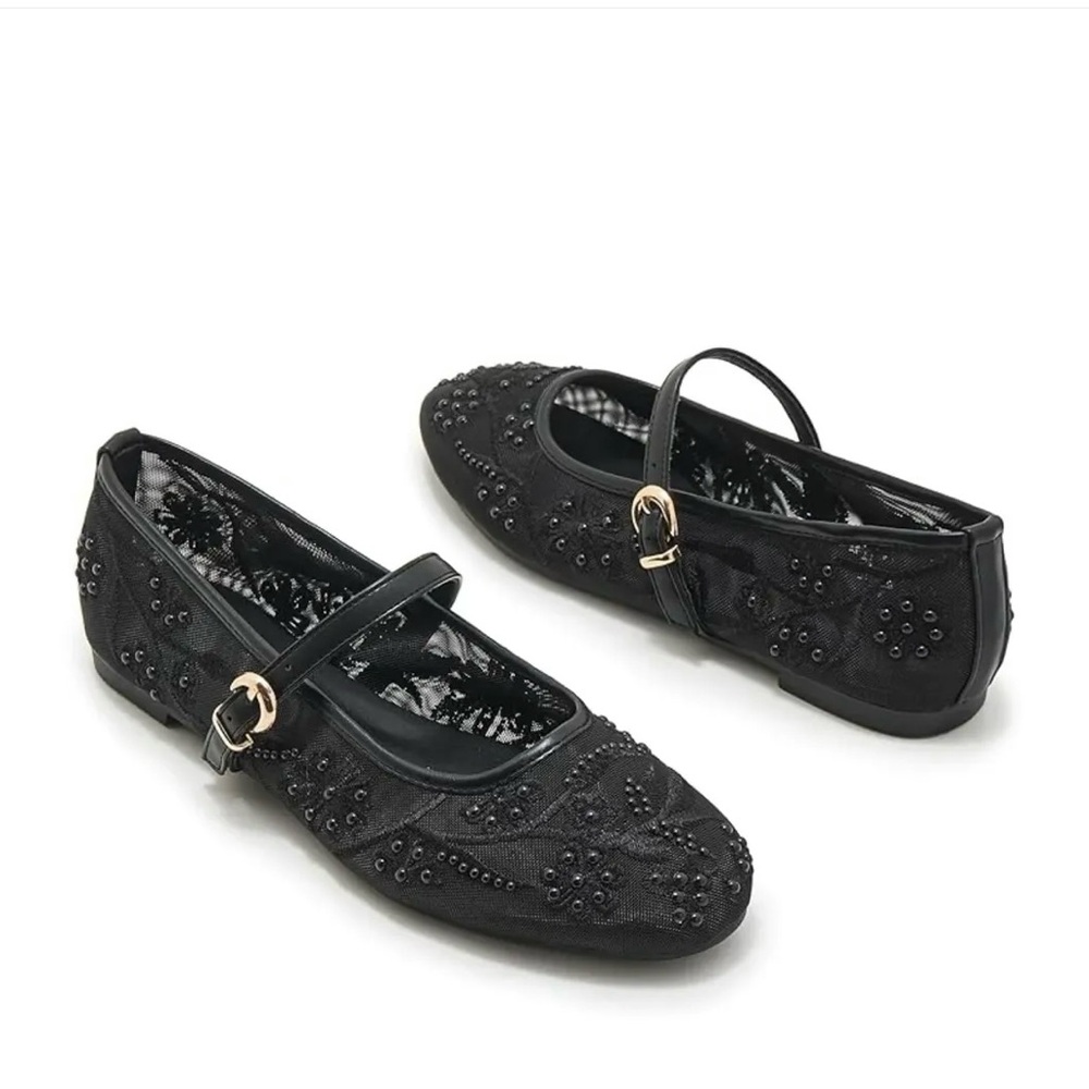 Women Mesh Ballet Flats Embroidered beaded Mary Jane Flats Casual size 9 black